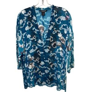 CITRON Blouse Kimono Turquoise Green Floral Open Front Size M Silk Blend